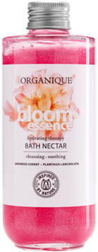 Organique Bloom Essence Nektar do kąpieli, różowy, nawilżający płyn z japońską wiśnią, w przezroczystej butelce, frontalnie.