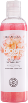 Organique Bloom Essence Shower Jelly z japońską wiśnią, różowy żel w przezroczystej butelce, widok z przodu.