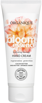 Organique Bloom Essence krem do rąk z masłem shea i wiśnią japońską, biała tubka z kwiatowym wzorem, widok z przodu.