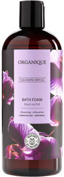 Organique Black Orchid Bath Foam z miłorzębem i pantenolem, brązowa butelka z orchideami, widok z przodu.