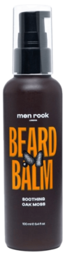 Kojący balsam Men Rock Beard Balm Soothing Oak Moss w ciemnobrązowej butelce z czarną pompką, widok z przodu.