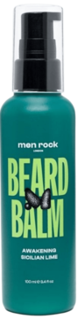 Men Rock Beard Balm Awakening Sicilian Lime, zielona butelka z pompką, widok z przodu. Nawilża zarost.