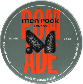 Men Rock Pomade Give It Some Shine w ciemnozielonej metalowej puszce, widok z góry, pomarańczowy napis, matowe bryły.