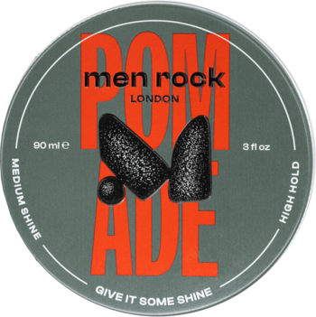Men Rock Pomade Give It Some Shine w ciemnozielonej metalowej puszce, widok z góry, pomarańczowy napis, matowe bryły.