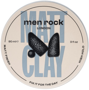 Men Rock London Matt Clay, beżowa puszka z czarnym napisem i stylizowanym "M", matowe wykończenie, mocny chwyt.