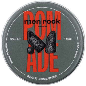 Okrągła, szara puszka pomady Men Rock London (30ml) z czerwonym napisem POMADE, średni połysk, wysoki chwyt, widok z góry.