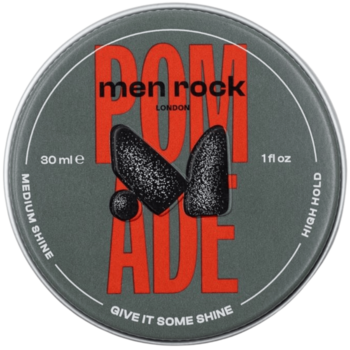 Okrągła, szara puszka pomady Men Rock London (30ml) z czerwonym napisem POMADE, średni połysk, wysoki chwyt, widok z góry.