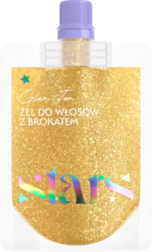 Złoty żel do włosów z brokatem Glan Jan w białej saszetce, holograficzne napisy, widok z przodu.