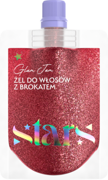 Czerwony żel do włosów z brokatem Glan Jan Stars w błyszczącym opakowaniu z fioletową zakrętką, widok z przodu.