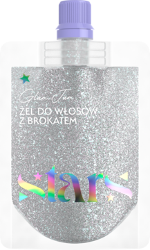 Srebrny żel do włosów z brokatem w saszetce, fioletowa zakrętka, napis stars, widok z przodu.