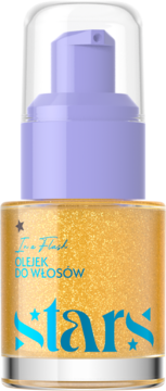 Złoty olejek do włosów "In a Flash stars" z drobinkami brokatu, w przezroczystej butelce z fioletową pompką.
