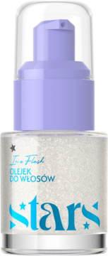 Lśniący olejek do włosów 'In a Flash Stars' w butelce z lawendową pompką, widok z przodu. Błękitne logo na perłowym tle.