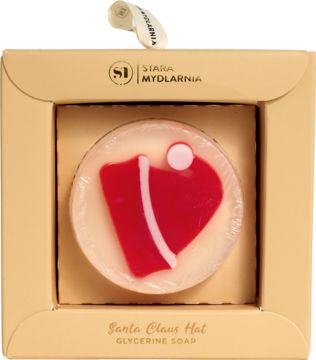 Okrągłe mydło glicerynowe Santa Claus Hat z czerwonym kapeluszem Mikołaja, w beżowym pudełku prezentowym.