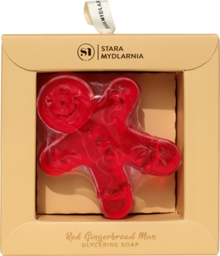 Czerwone mydło glicerynowe Red Gingerbread Man w kształcie ludzika, w beżowym pudełku, widok z przodu.