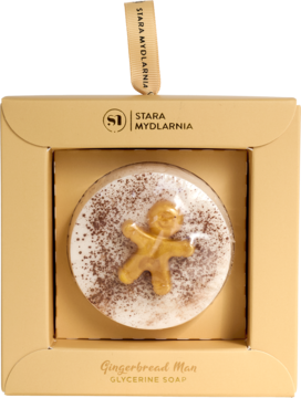 Mydło glicerynowe Stara Mydlarnia Gingerbread Man w beżowym pudełku, okrągłe, z figurką piernikowego ludzika.