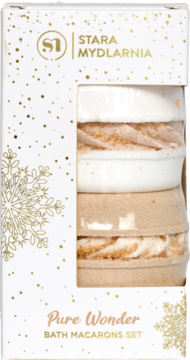Zestaw kąpielowy Stara Mydlarnia Pure Wonder Bath Macarons, białe pudełko ze złotymi wzorami, widoczne trzy makarony.