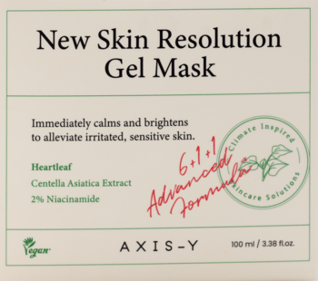 Beżowe pudełko AXIS-Y New Skin Resolution Gel Mask z Heartleaf, 2% Niacinamide, widok z przodu.