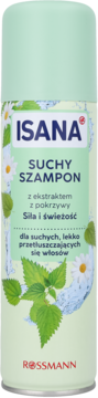 Isana Suchy Szampon z ekstraktem z pokrzywy, zielona butelka z rumiankiem i liśćmi pokrzywy, widok z przodu.