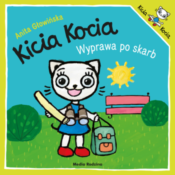 Okładka książki Kicia Kocia Wyprawa po skarb: biała kotka z mapą i lornetką w zielonym parku szuka skarbu.