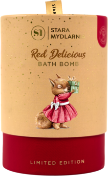 Pionowe opakowanie kuli do kąpieli Stara Mydlarnia Red Delicious, beżowo-czerwone z wiewiórką.