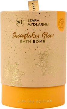Musująca kula Stara Mydlarnia Snowflakes Glow, zapach pomarańczy i cynamonu, w brązowej tubie z brokatem.