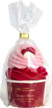 Muffinka do kąpieli Santa's Glove, czerwono-różowa, w kształcie babeczki z sercem, w folii, widok z przodu.