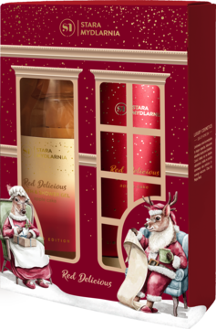 Czerwony zestaw upominkowy Stara Mydlarnia Red Delicious: żel i masło do ciała w świątecznym pudełku z reniferami.