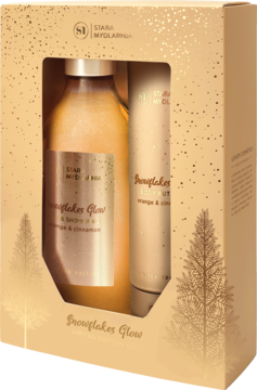 Złoty zestaw prezentowy Stara Mydlarnia Snowflakes Glow z żelem i masłem pomarańcza cynamon.