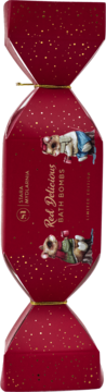 Czerwony cracker Stara Mydlarnia 'Red Delicious BATH BOMBS' ze złotym brokatem i rysunkami myszek. Widok z przodu.