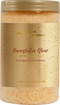 Sól morska Stara Mydlarnia Snowflakes Glow Limited Edition, pomarańcza i cynamon. Złoto-przezroczysty słój, widok z przodu.
