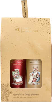 Zestaw Stara Mydlarnia Limited Edition: dwa kremy do rąk Apple Cake (czerwony) i Orange Cinnamon (beżowy) w złotym pudełku.