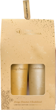 Złoty zestaw prezentowy Stara Mydlarnia z kremami do rąk Orange Cinnamon i Sandalwood, widok z przodu.