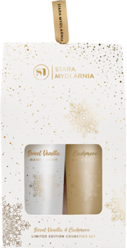 Zestaw prezentowy Stara Mydlarnia z kremami Sweet Vanilla i Cashmere w białym pudełku ze złotymi zdobieniami.