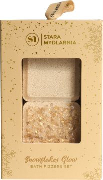 Zestaw kostek do kąpieli Stara Mydlarnia Snowflakes Glow w złotawym pudełku z okienkiem.