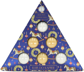 Granatowy zestaw kul do kąpieli "Zimowa Harmonia" w trójkątnym pudełku z 6 kulami białymi i złotymi.