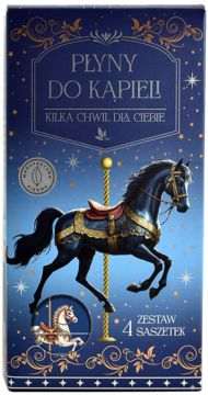 Eleganckie granatowe pudełko PŁYNY DO KĄPIELI z karuzelowym koniem i złotymi gwiazdami, zestaw 4 saszetek.