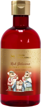 Czerwony żel do kąpieli Stara Mydlarnia Red Delicious o zapachu jabłkowego ciasta, z etykietą z myszami, widok z przodu.