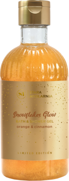 Stara Mydlarnia Snowflakes Glow, żel pod prysznic, pomarańcza i cynamon, butelka z brokatem.