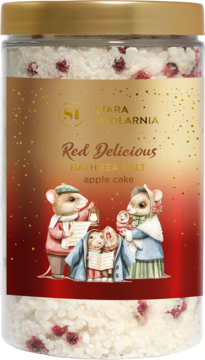 Sól morska do kąpieli "Red Delicious" apple cake, w przezroczystym słoju z ilustracją myszy, widok z przodu.