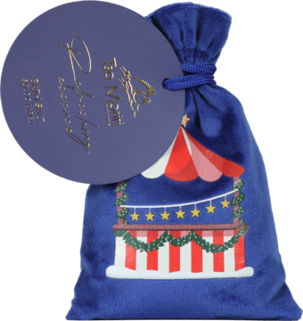 Granatowy welurowy woreczek prezentowy z ilustracją świątecznego straganu, okrągła zawieszka "L'esprit de Noel".