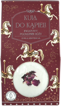 Czerwone opakowanie kuli do kąpieli Kwiatowy Pocałunek Róży z karuzelą, biała kula z płatkami róż, widok z przodu.