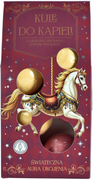 Front czerwonego opakowania kul do kąpieli z olejkami awokado i winogronem, motyw karuzeli, widoczne błyszczące kule.