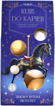 Kule do kąpieli z awokado i pestek, granatowe opakowanie z karuzelowym koniem, złotymi i perłowymi kulami, widok z przodu.