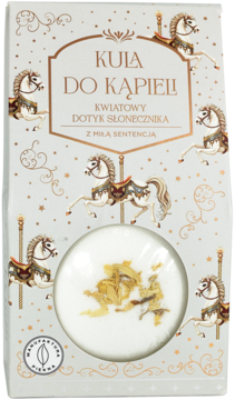 Kula do kąpieli Kwiatowy Dotyk Słonecznika w białym pudełku z karuzelowymi końmi, widoczna z przodu.