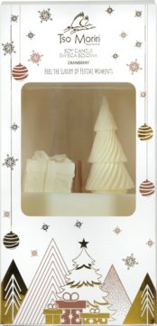 Zestaw świec sojowych Tso Moriri Cranberry w białym pudełku z okienkiem, świąteczne kształty: choinka i prezent. Widok z przodu.