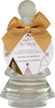 Olejek do kąpieli Tso Moriri Tropical Fruit & Vanilla, szklana butelka ze złotą kokardą, widok z przodu.
