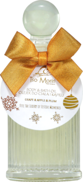 Tso Moriri Body & Bath Oil Grape & Apple & Plum w ryflowanej butelce z etykietą i złotą kokardą, widok z przodu.