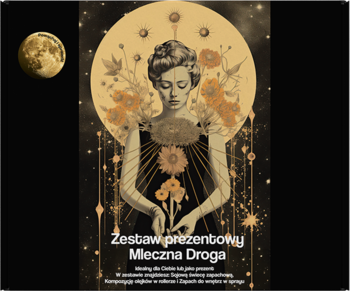 Zestaw prezentowy Mleczna Droga. Ilustracja: kobieta z kwiatami i złotą aurą na tle księżyca i gwiazd.