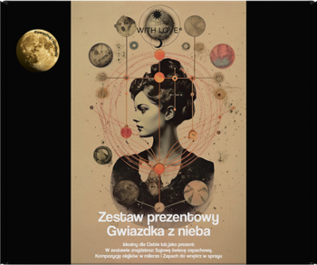 Zestaw prezentowy Gwiazdka z nieba z ilustracją kobiety w stylu retro, otoczonej motywami planet i orbit, obok złoty księżyc.