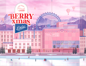 Świąteczna ilustracja „BERRY xmas” z różowym centrum, ferrisem, lodowiskiem i górami, logo CHADO.